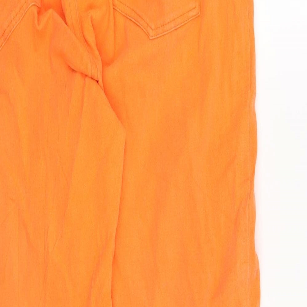 Brand and care label for women’s orange straight jeans, size UK 8, 23-inch leg
