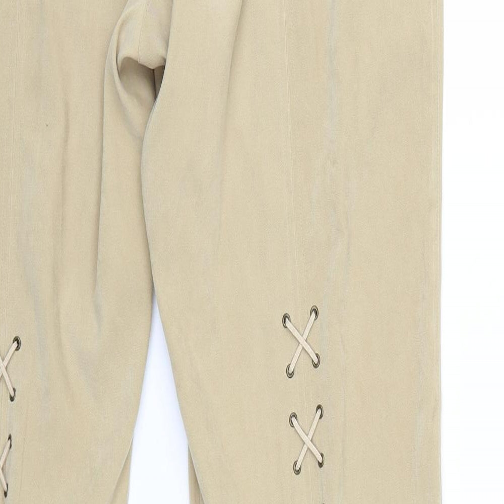 Brand and care label for P women’s beige trousers, size UK 16, 32-inch leg
