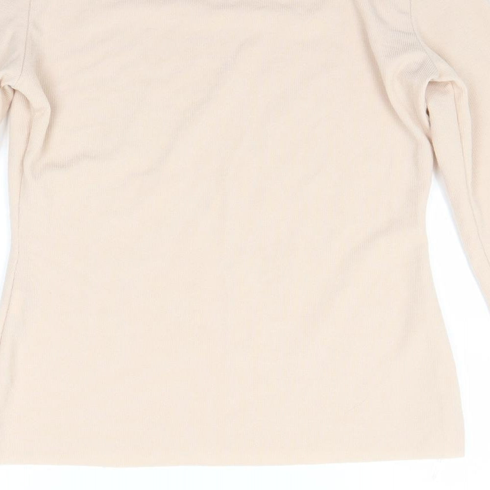 Brand and care label for PRETTYLITTLETHING women’s beige jumper, size UK 12