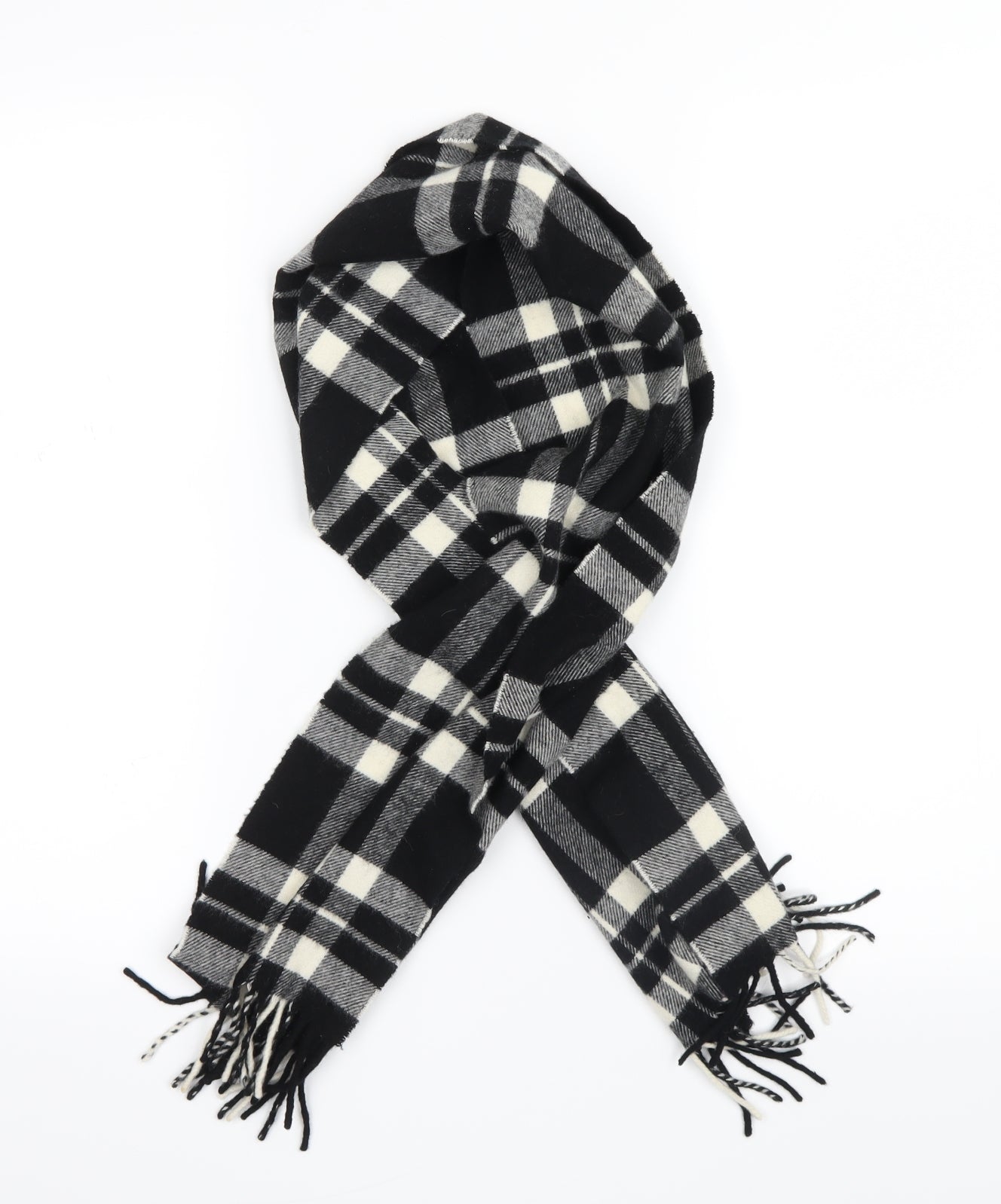 Front view of Preworn women’s black check knit scarf