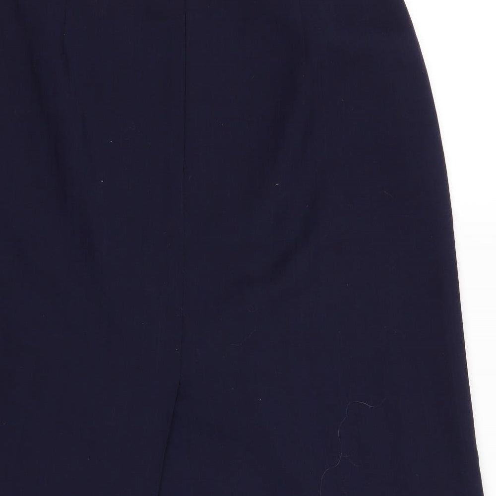 Brand and care label for Preworn women’s blue a-line skirt, size UK 28, in
