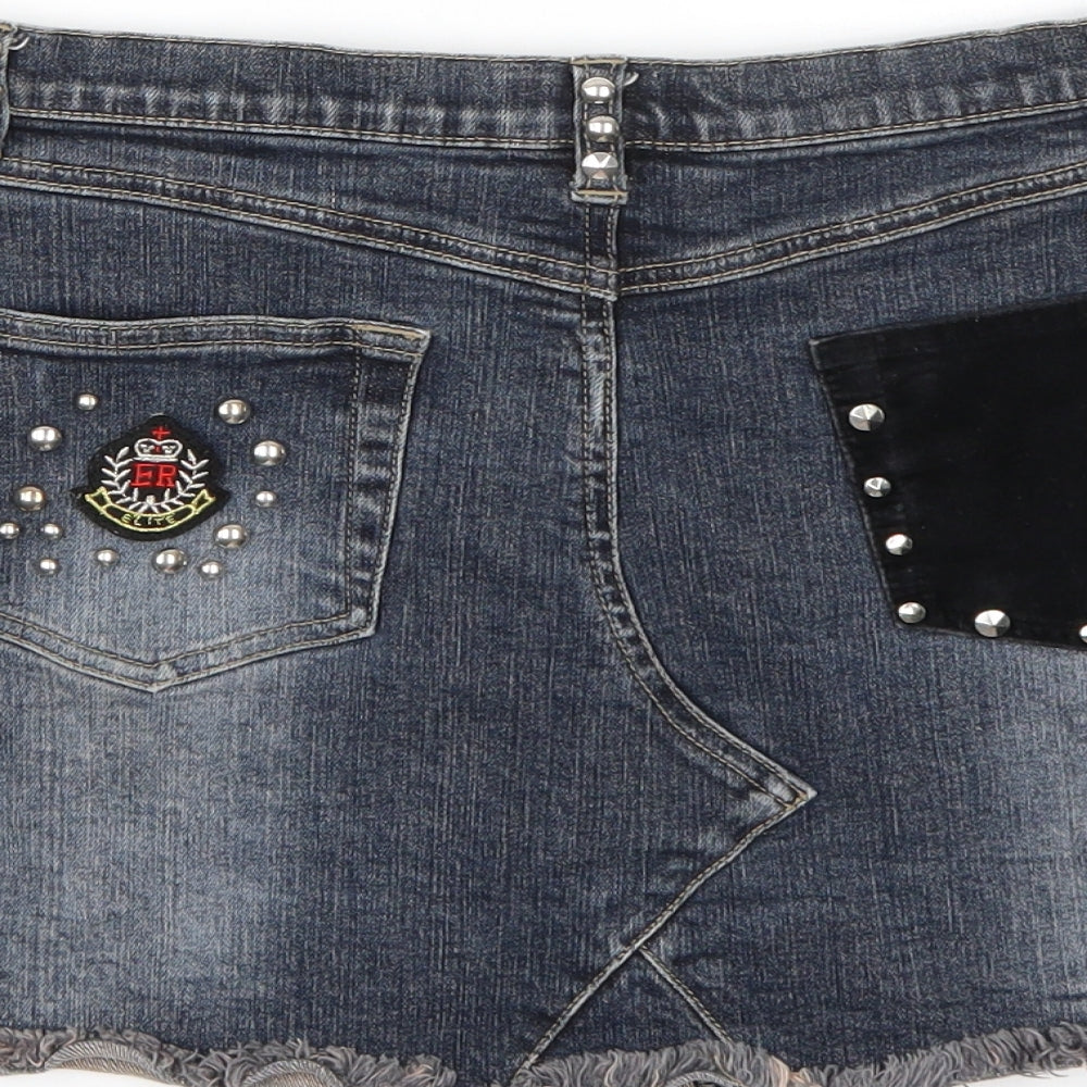 Brand and care label for River Island women’s blue a-line skirt, size UK 12