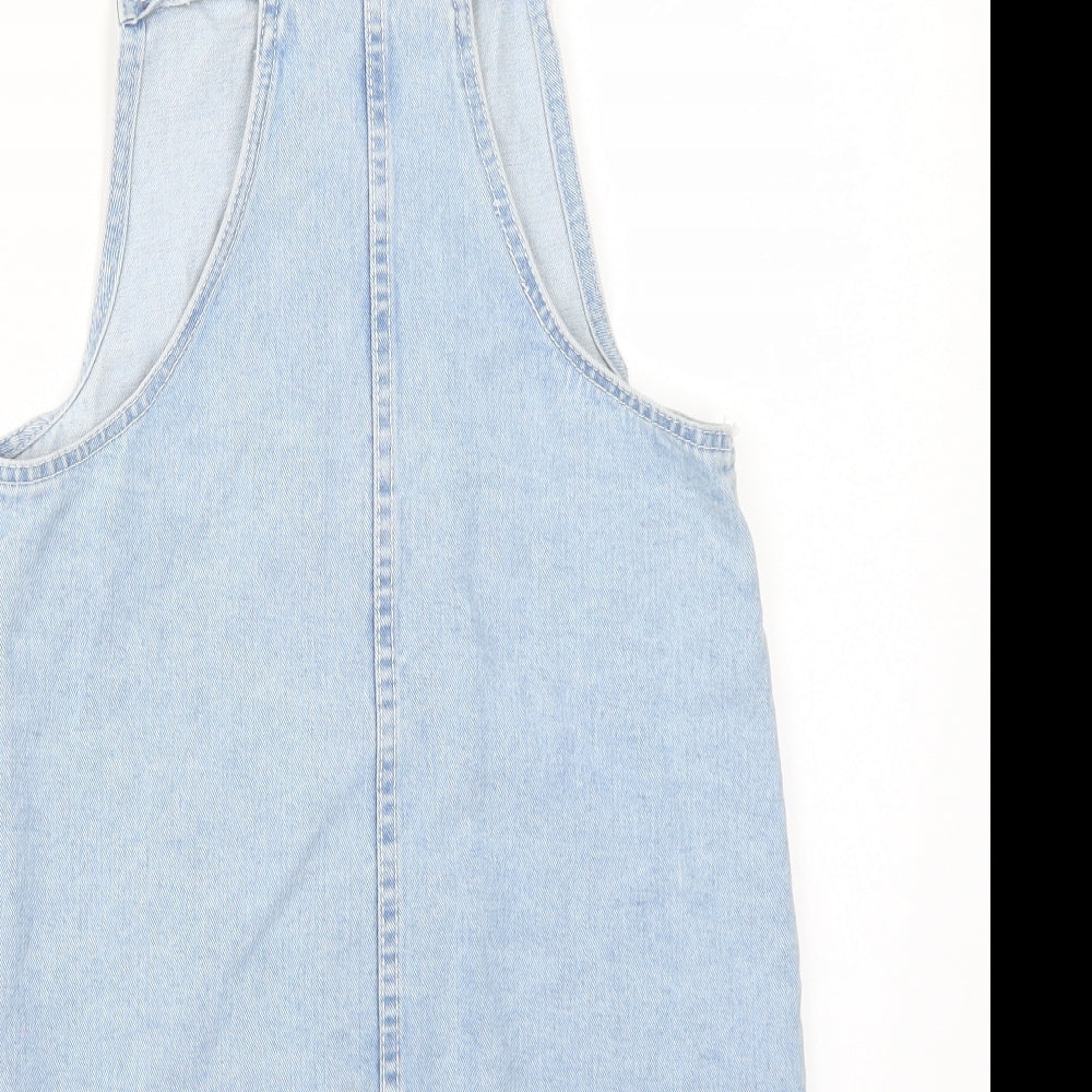 Brand and care label for New Look women’s blue dungaree one-piece, size UK 4