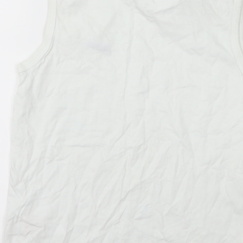 Brand and care label for Slazenger boys’ white basic tank, size 9-10, years