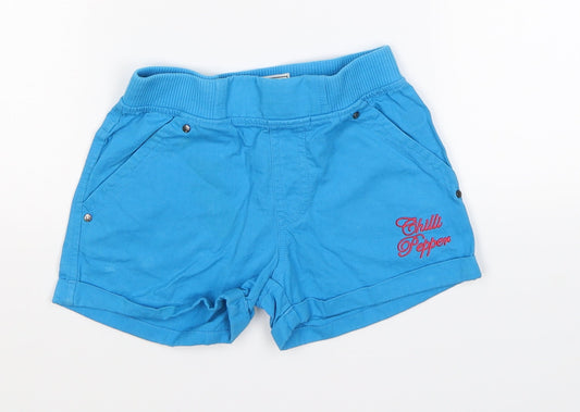 Additional front view of Chilli Pepper girls’ blue cut-off shorts, size 4-5, years
