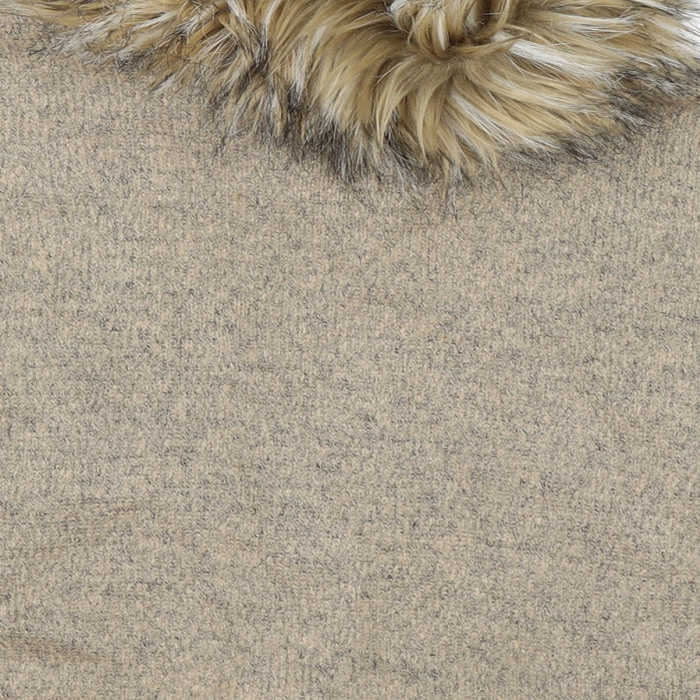 Brand and care label for Young Dimension girls’ beige knit henley jumper, size 6-7, years - fur trim