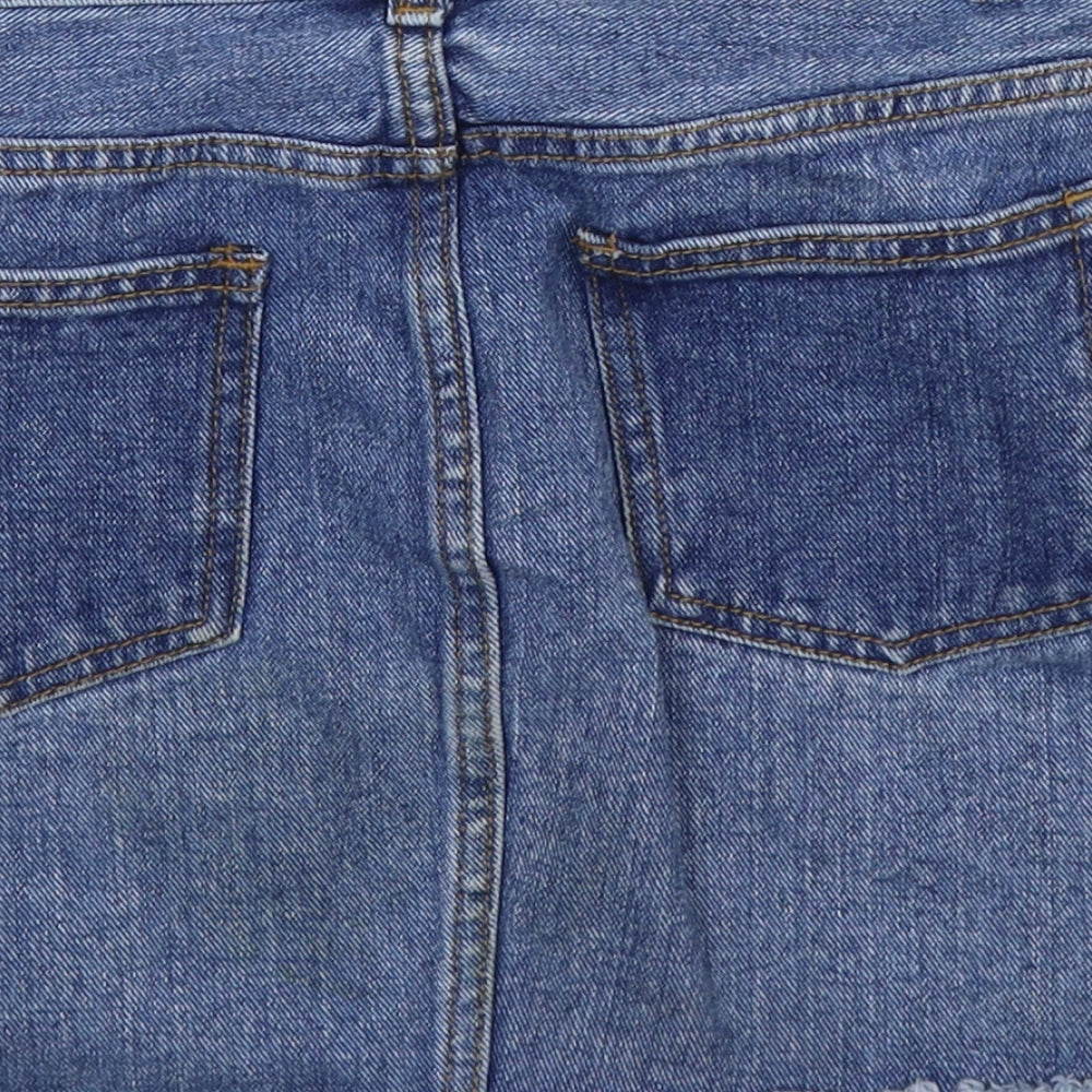 Brand and care label for Forever 21 women’s blue denim straight & pencil skirt, size S
