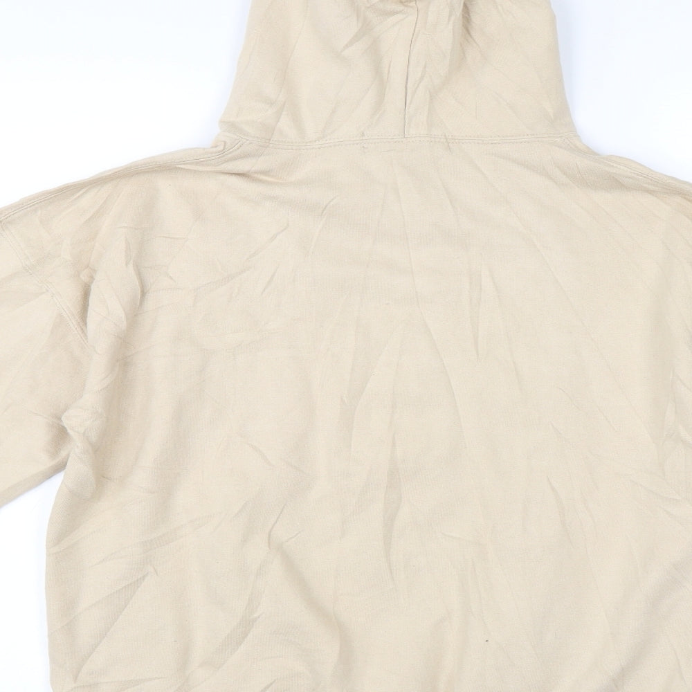 Brand and care label for I SAW IT FIRST women’s beige rayon pullover hoodie, size S