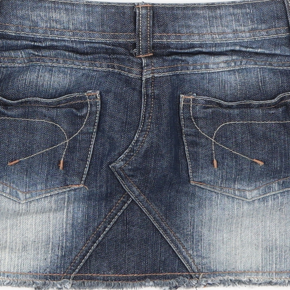 Brand and care label for Next girls’ blue denim a-line skirt, size 7, years