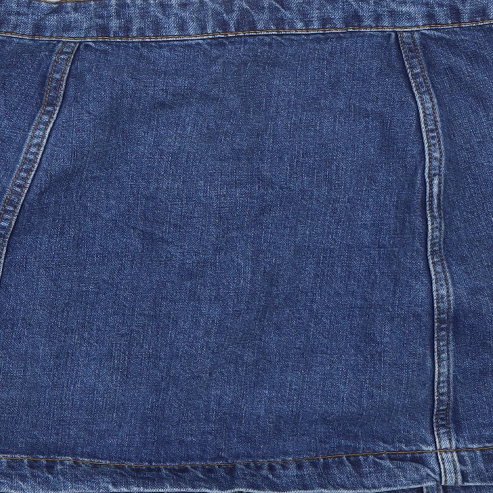 Brand and care label for Topshop women’s blue denim a-line skirt