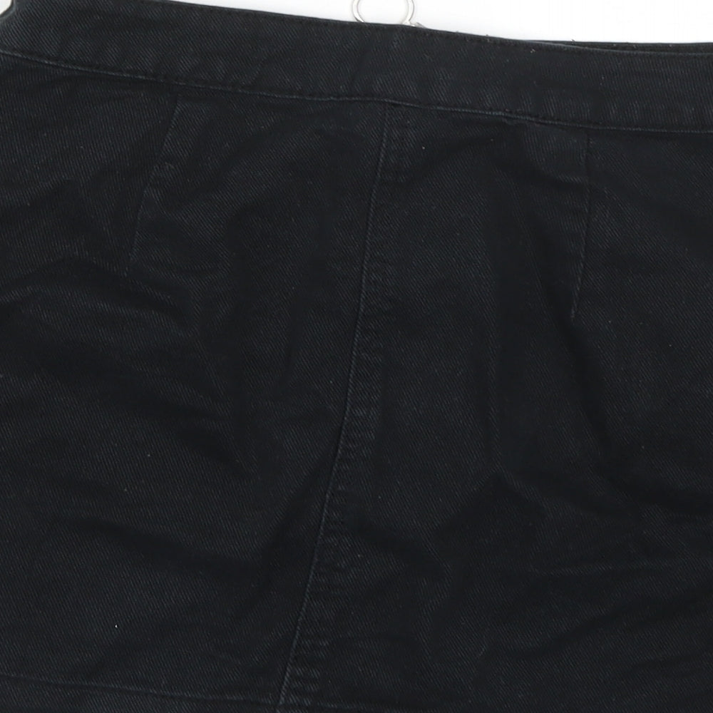 Brand and care label for Divided by H&M women’s black denim a-line skirt, size UK 8