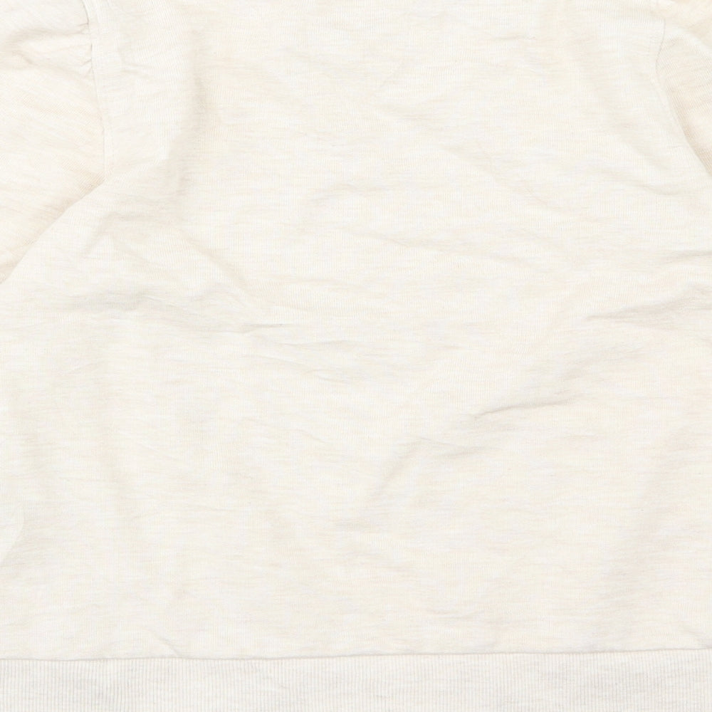 Brand and care label for Dorothy Perkins women’s beige jersey pullover sweatshirt, size UK 8