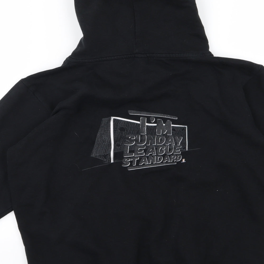 Brand and care label for Spreadshirt boys’ black jersey pullover hoodie, size 12-13, years - sunday league