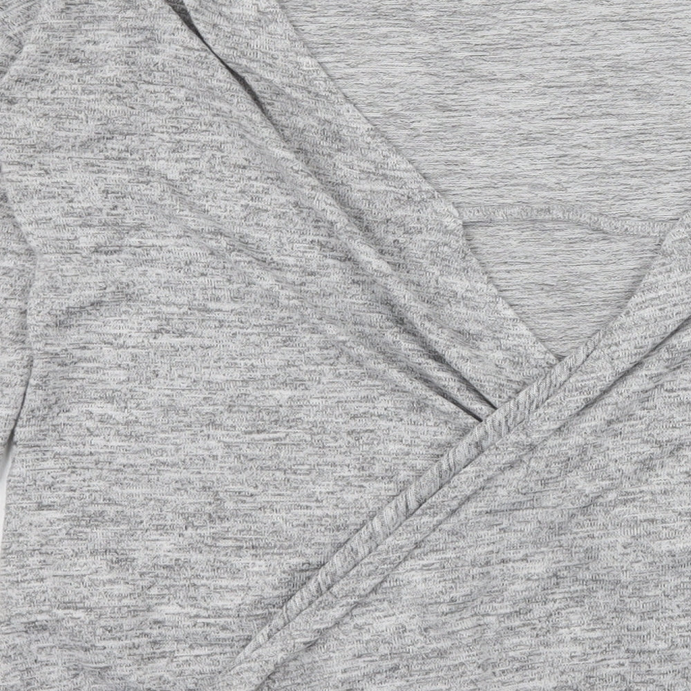 Brand and care label for Miss Selfridge women’s grey jersey basic t-shirt, size UK 8, - open back