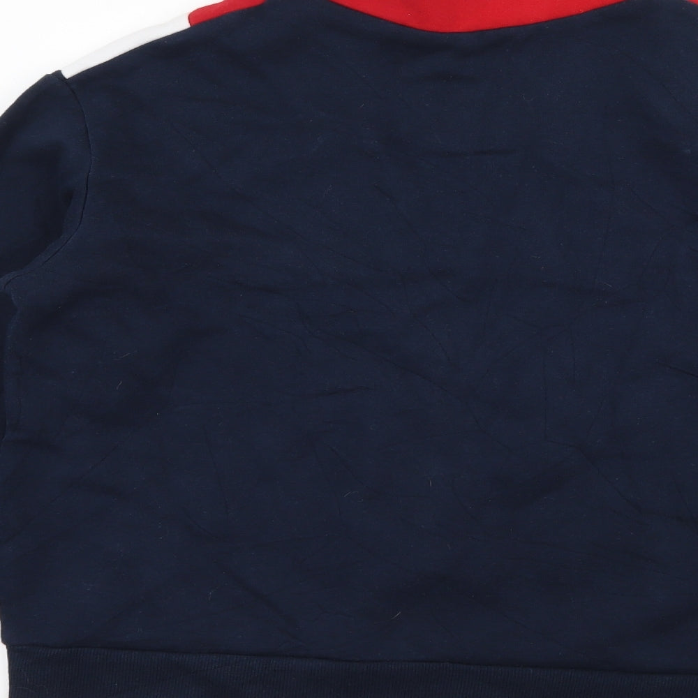 Brand and care label for H&M women’s blue striped jersey pullover sweatshirt, size XS