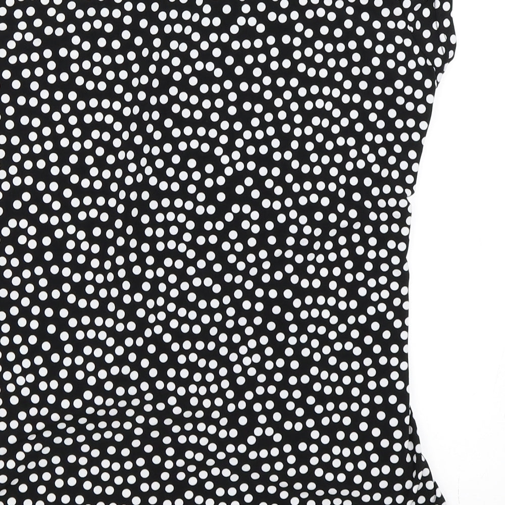 Brand and care label for Simon Jeffrey women’s beige polka dot basic t-shirt, size UK 14