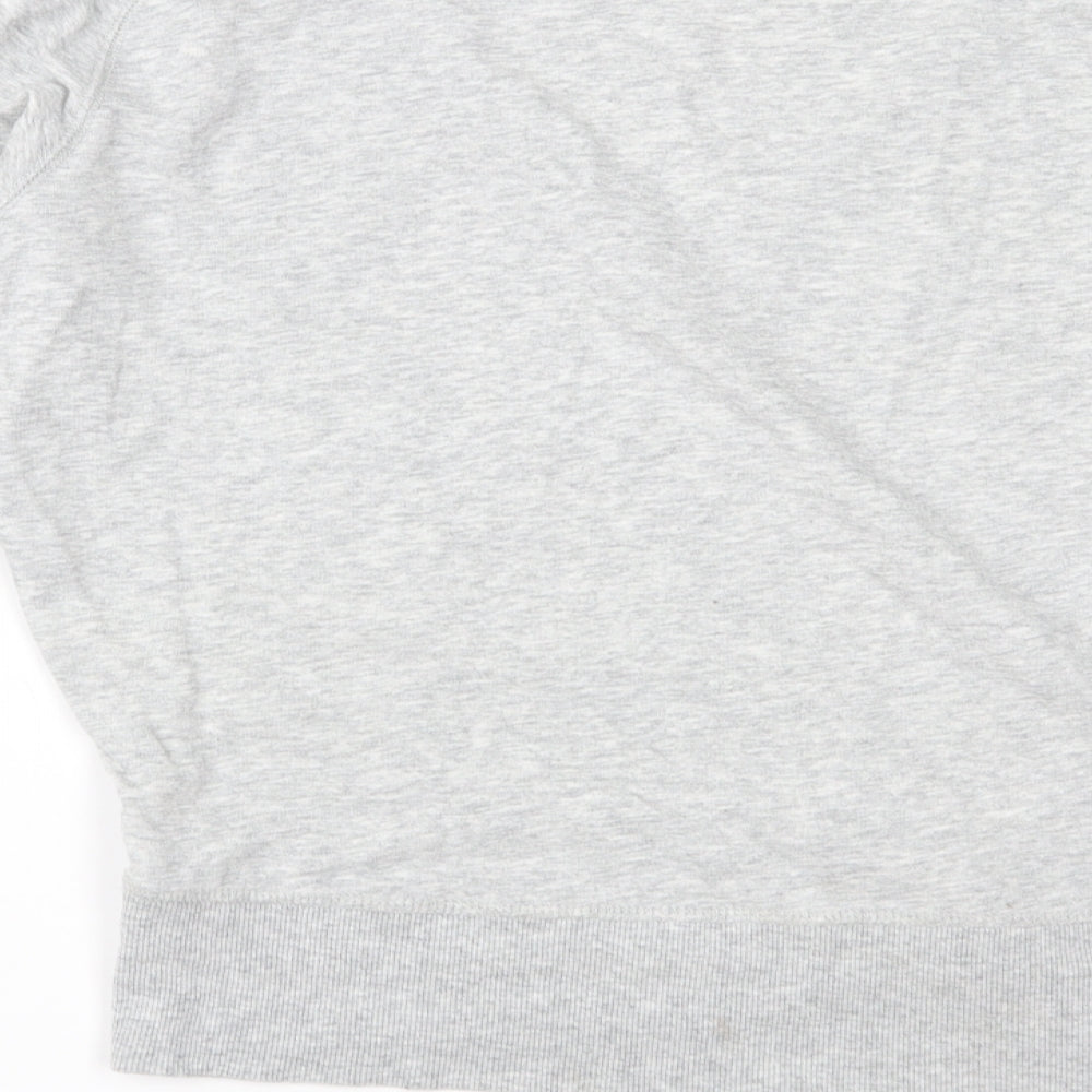 Brand and care label for H&M women’s grey jersey pullover sweatshirt, size XS