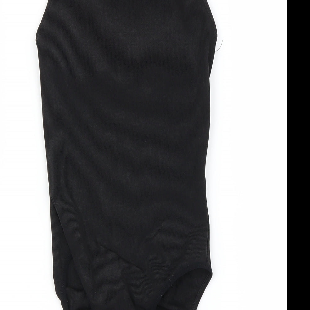 Brand and care label for women’s black bodysuit one-piece, size UK 8