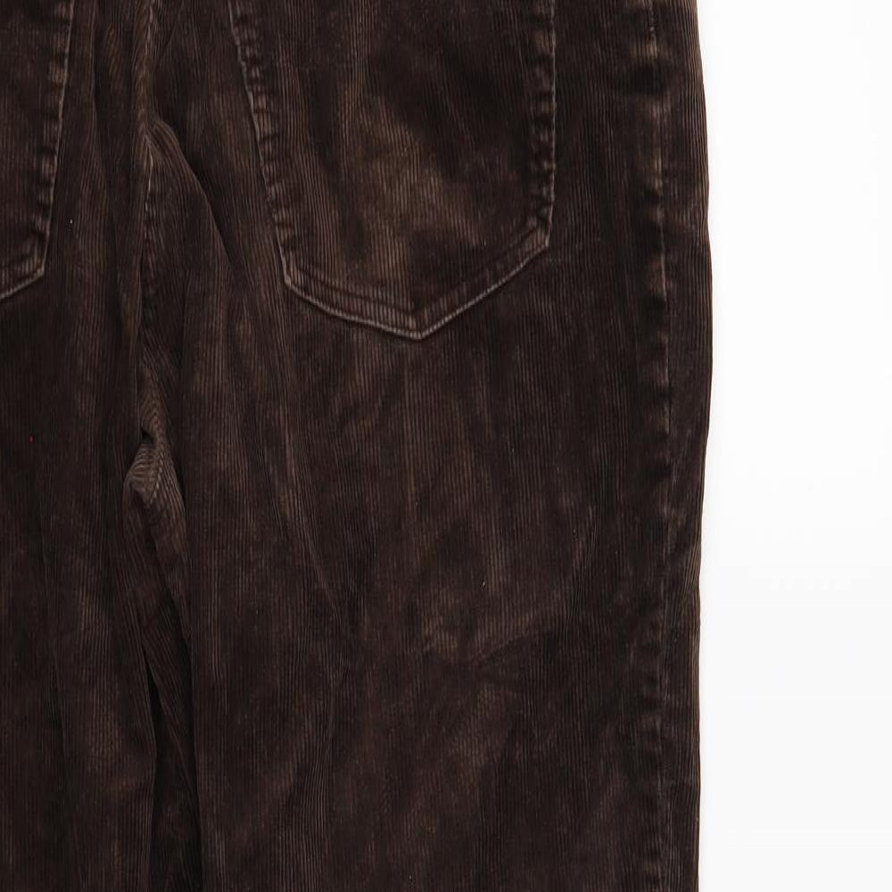 Brand and care label for Preworn men’s brown trousers, size 35, in, 27-inch leg