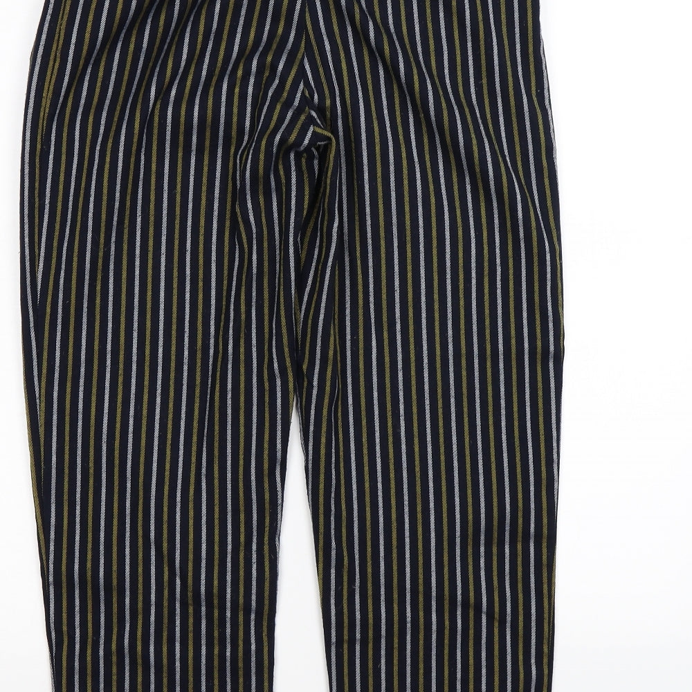 Brand and care label for Topshop women’s blue striped bloomer trousers, size UK 4, 25-inch leg
