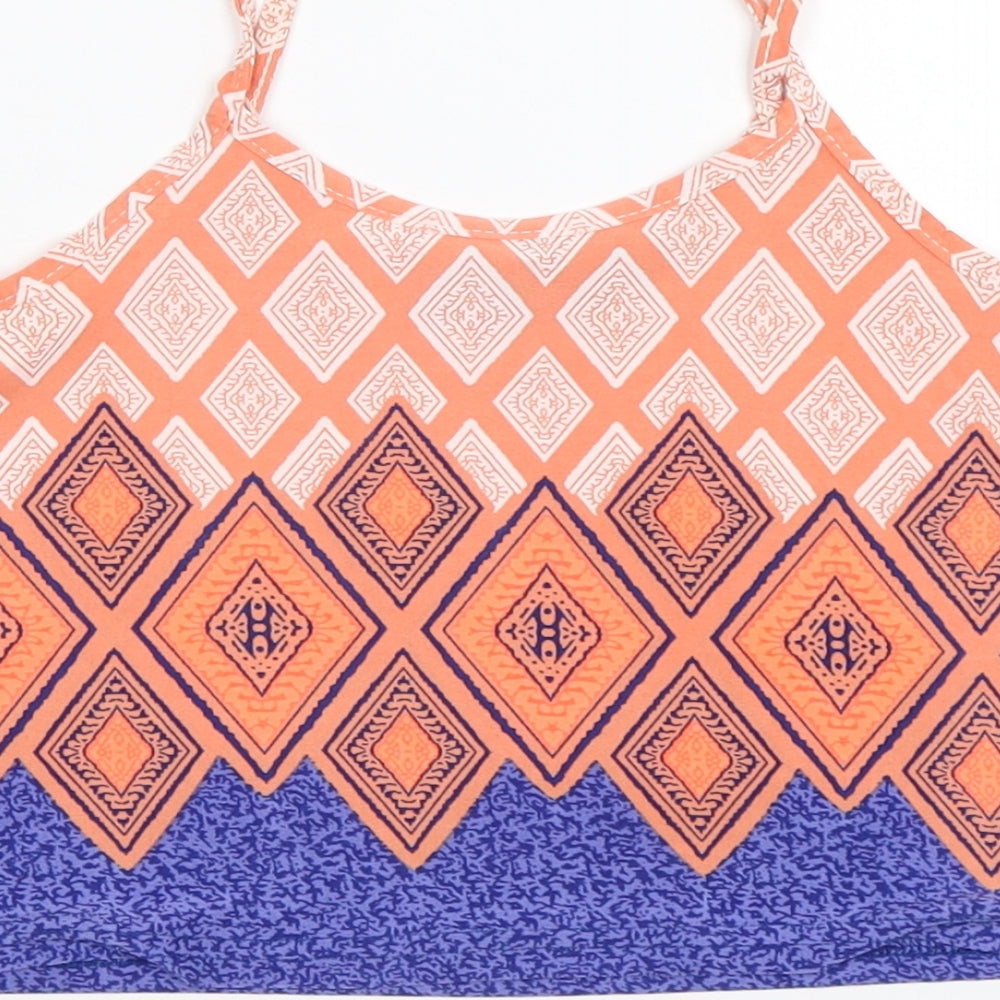 Brand and care label for Boohoo women’s multicoloured geometric cropped tank, size UK 4