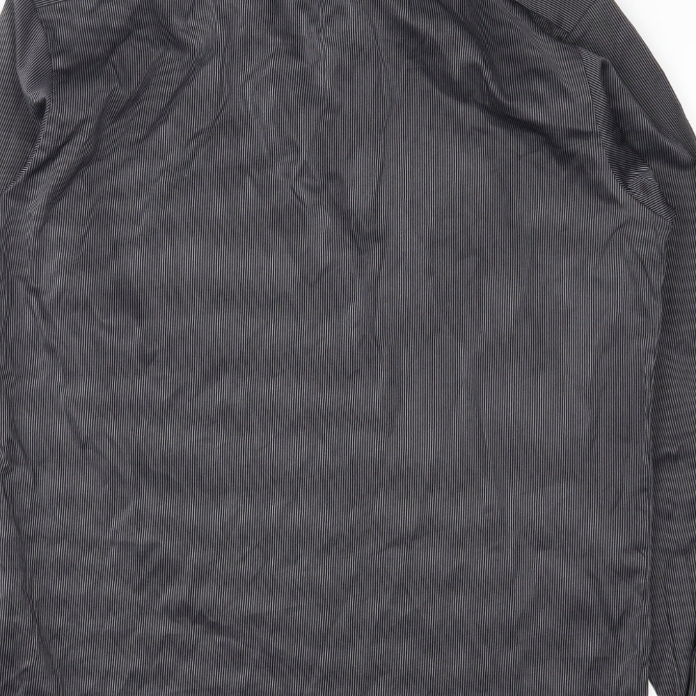 Brand and care label for Preworn men’s black striped button-up, size L