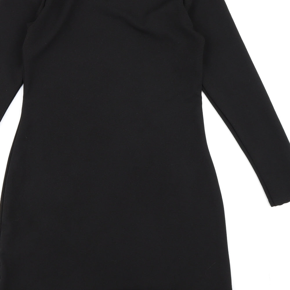 Brand and care label for Missguided women’s black rayon bodycon, size UK 8, - frill hem