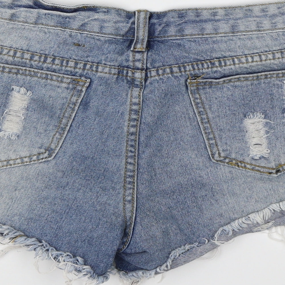 Brand and care label for Portobello women’s blue denim hot pants shorts, size UK 10
