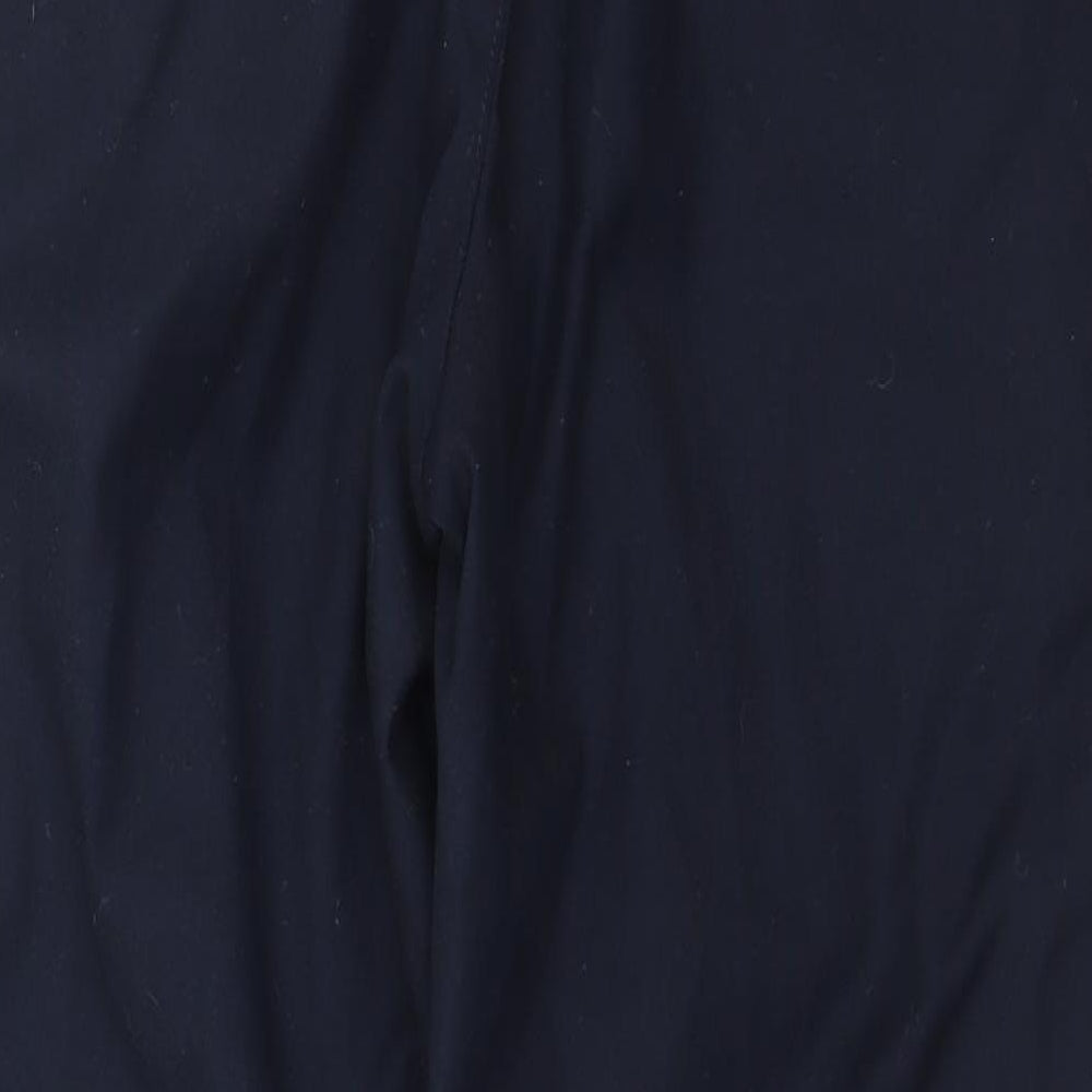 Brand and care label for New Look men’s blue striped cropped trousers, size 30, in, 26-inch leg