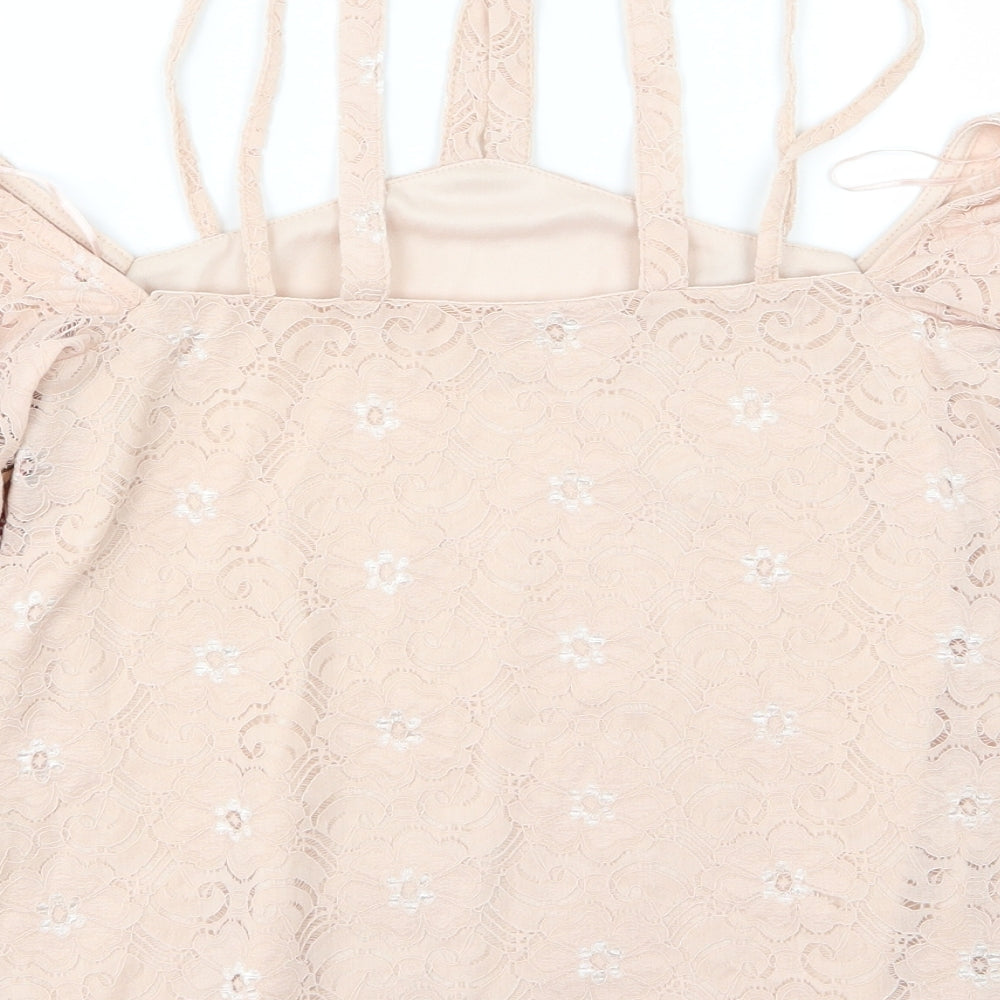 Brand and care label for River Island women’s pink floral basic blouse, size UK 6