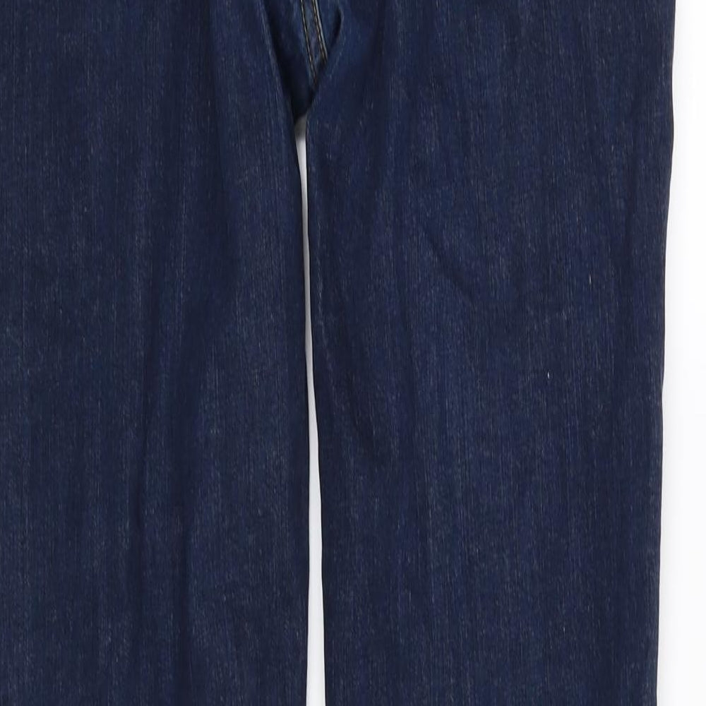 Brand and care label for River Island women’s blue straight jeans, size UK 34, in, 31-inch leg