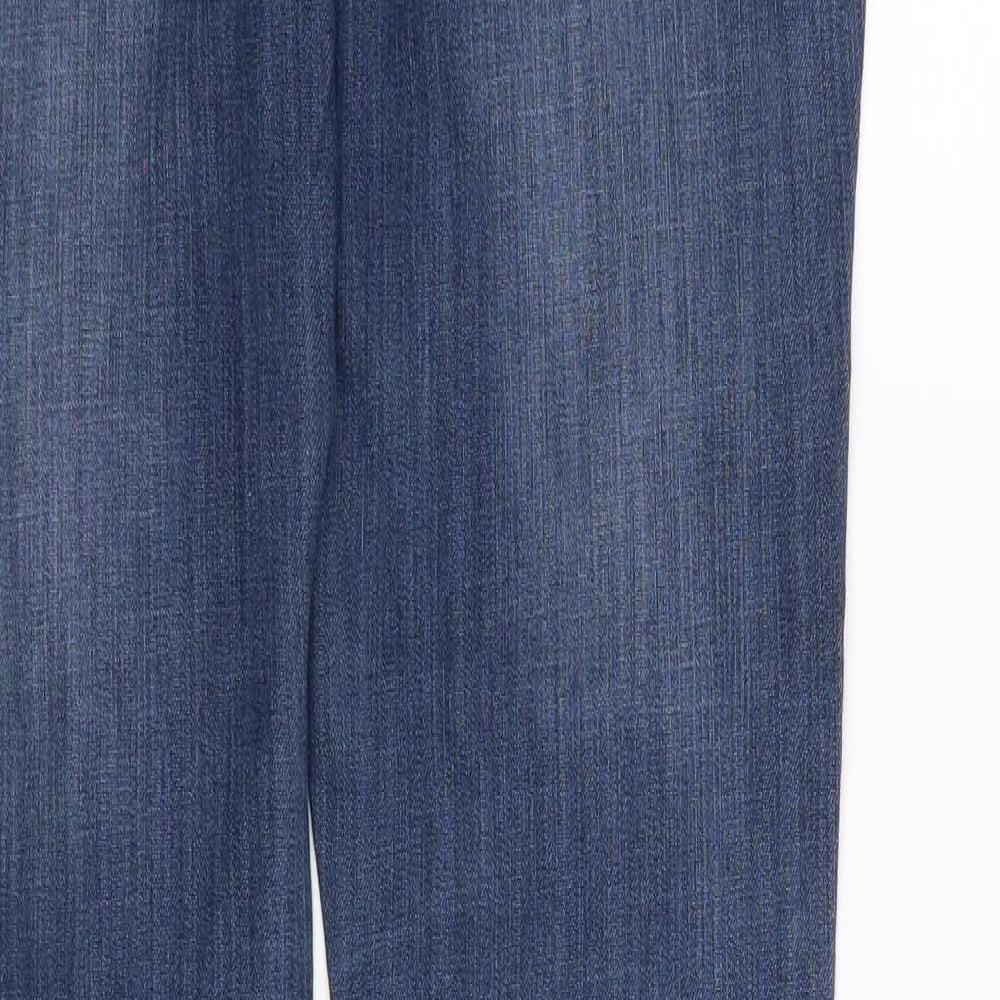 Brand and care label for women’s blue skinny jeans, size UK 12, 31-inch leg