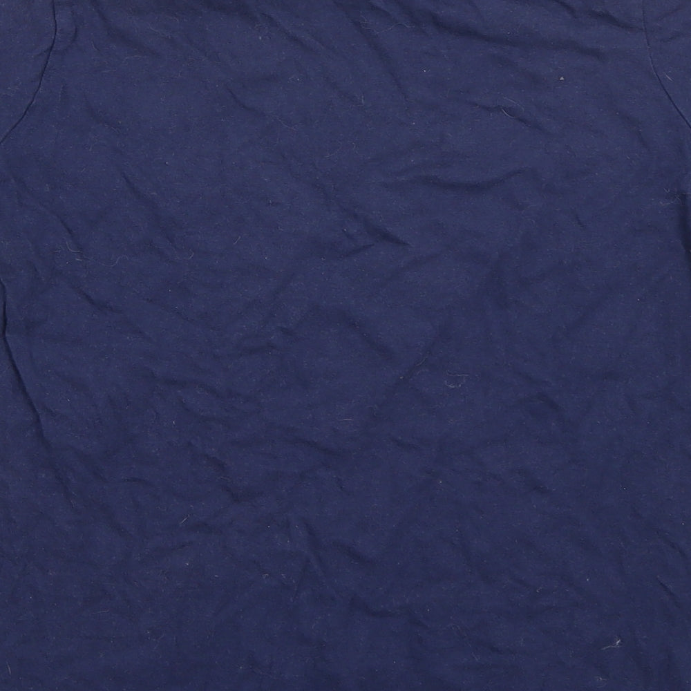 Brand and care label for Young Dimension girls’ blue rayon basic t-shirt, size 12, years