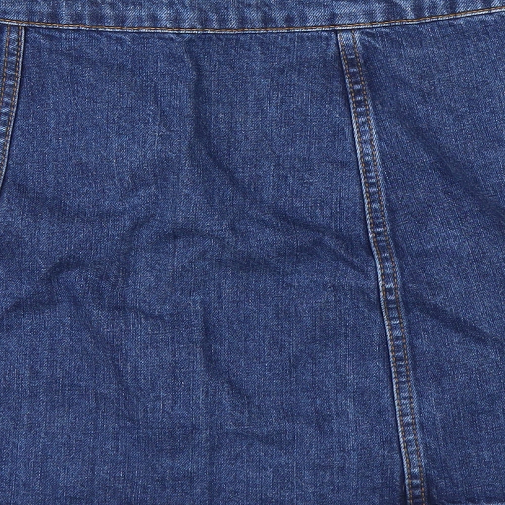 Brand and care label for Topshop women’s blue denim a-line skirt, size UK 28, in