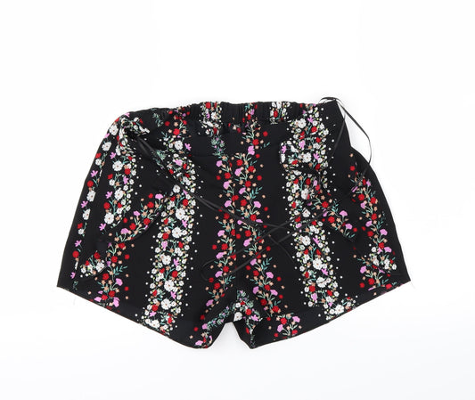 Additional front view of Preworn women’s black floral paperbag shorts, size UK 8