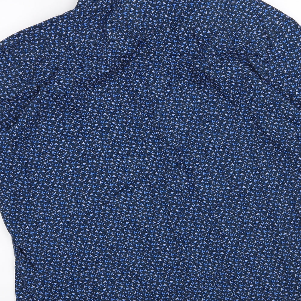 Brand and care label for John Miller men’s blue floral button-up, size S