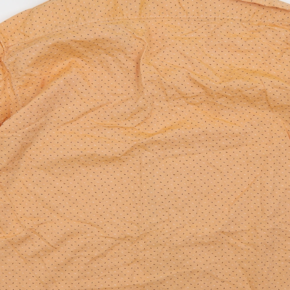 Brand and care label for Parx Denim men’s orange button-up, size S