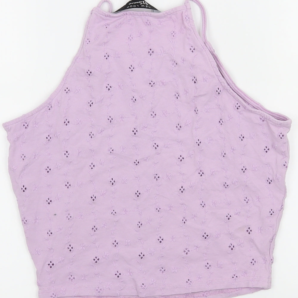 Brand and care label for New Look girls’ purple cropped tank, size 14-15, years