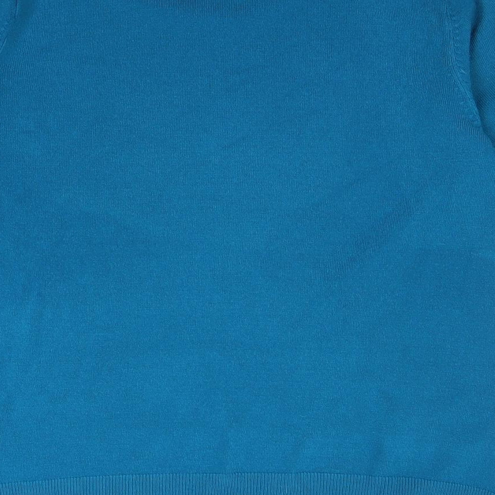 Brand and care label for preworn women’s blue jumper, size UK 14