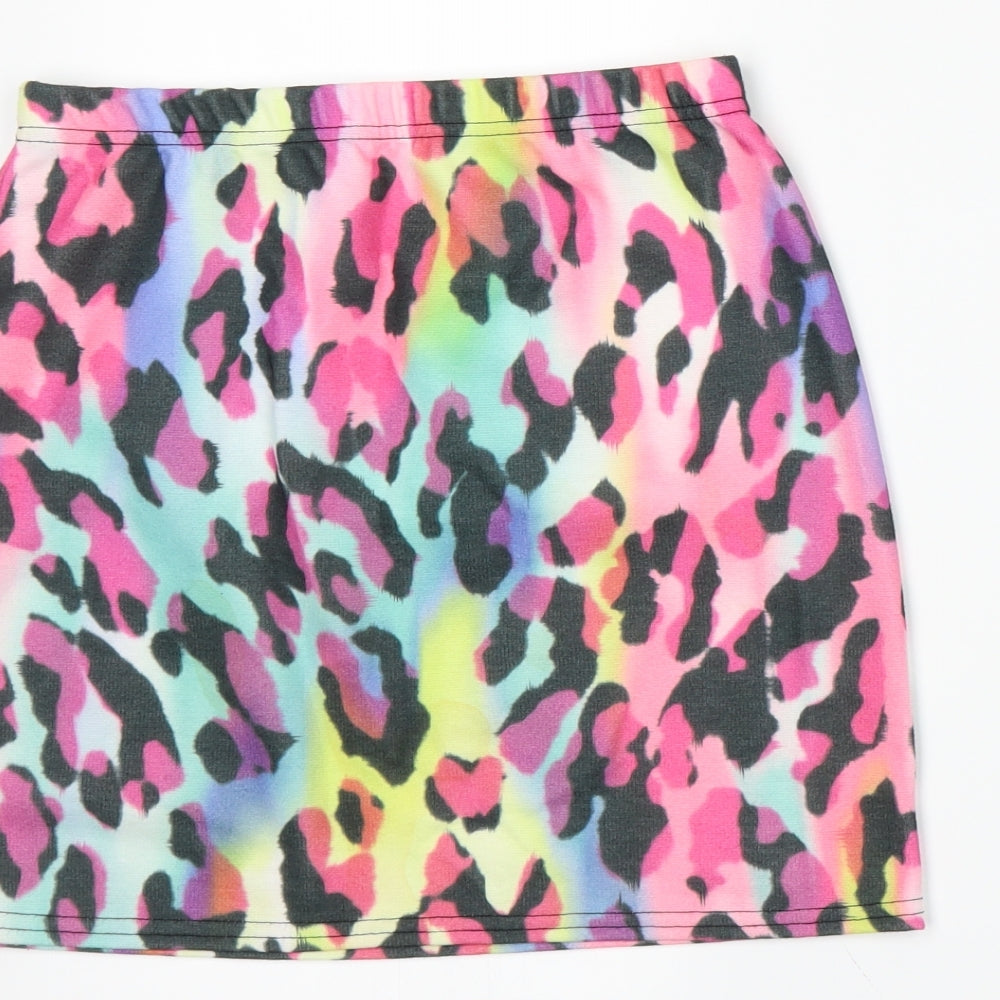 Brand and care label for Preworn women’s multicoloured animal print rayon a-line skirt, size M