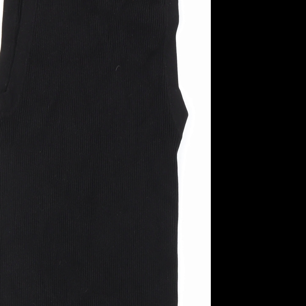 Brand and care label for H&M women’s black basic t-shirt, size S