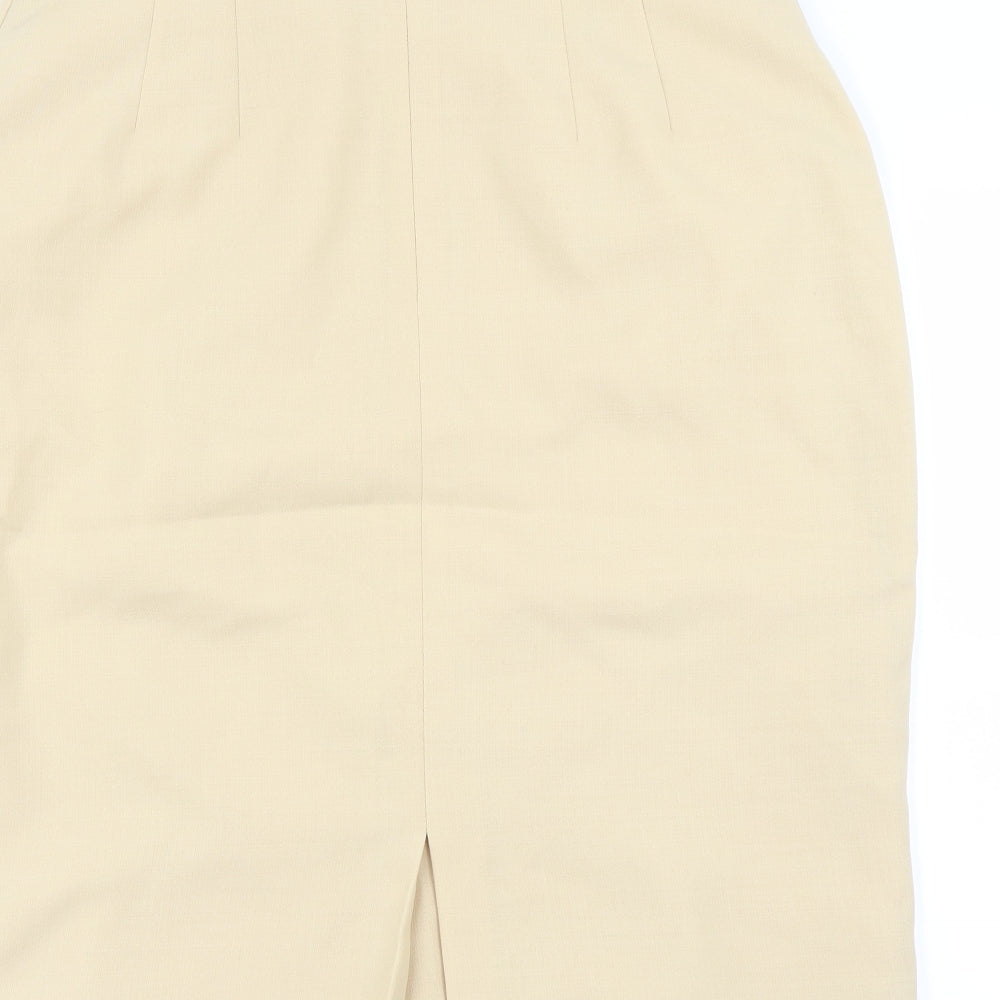 Brand and care label for Preworn women’s yellow a-line skirt, size UK 32, in