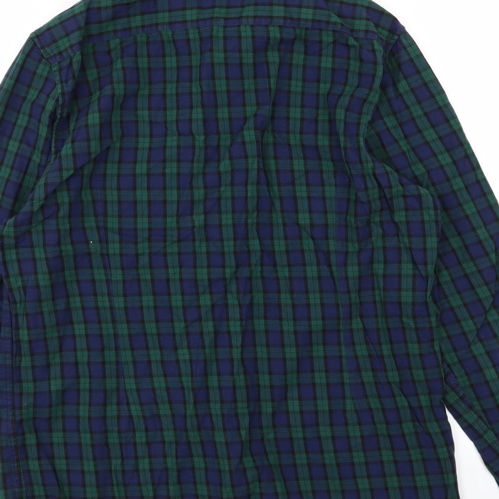 Brand and care label for ASOS men’s blue striped button-up, size M