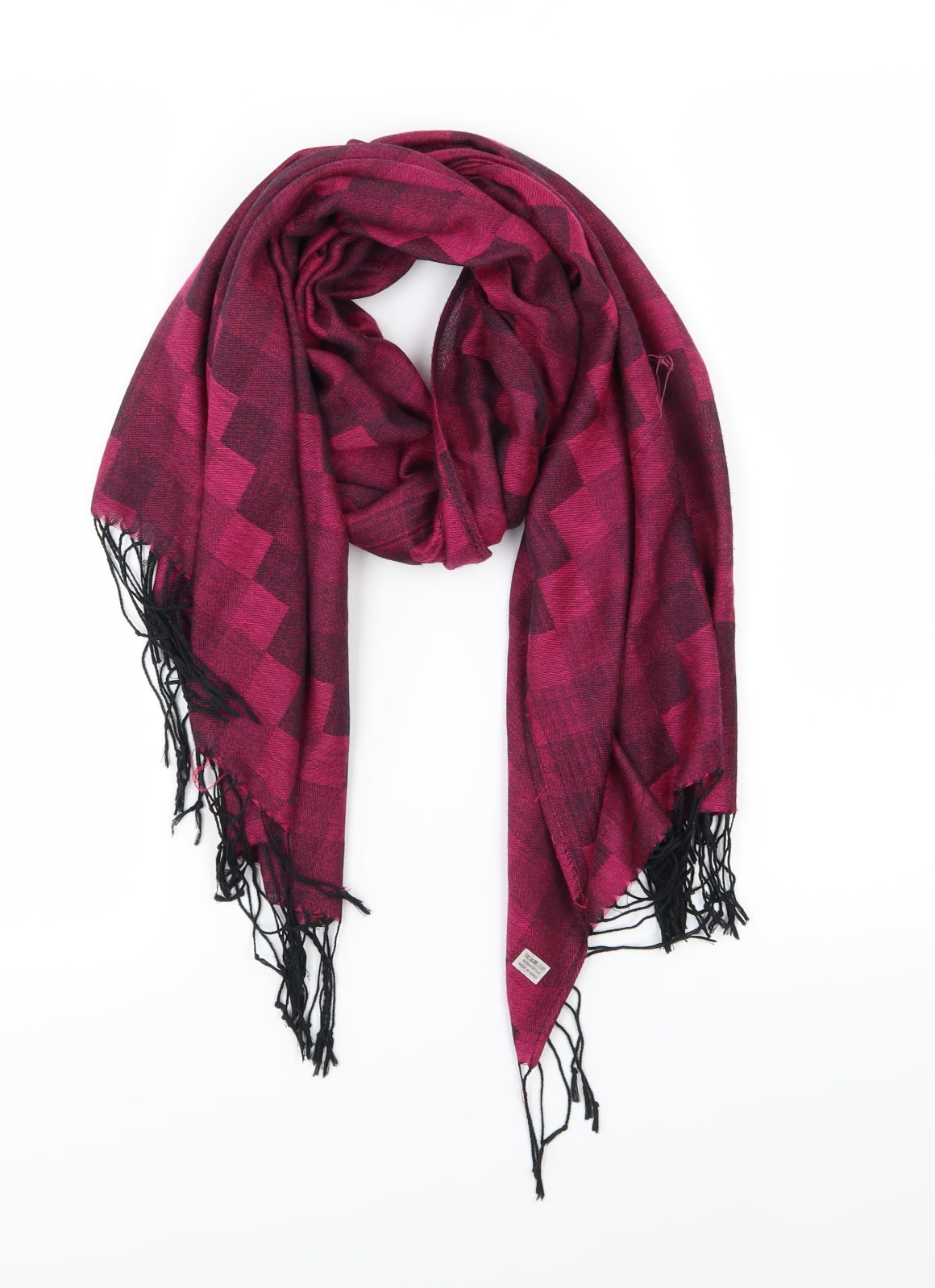 Front view of Preworn women’s pink check knit scarf