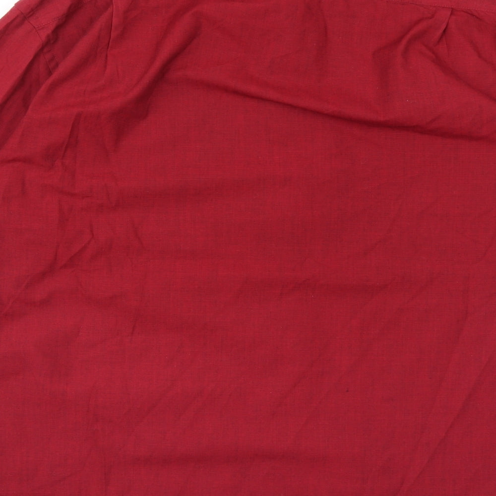 Brand and care label for Debenhams men’s red button-up, size 17.5