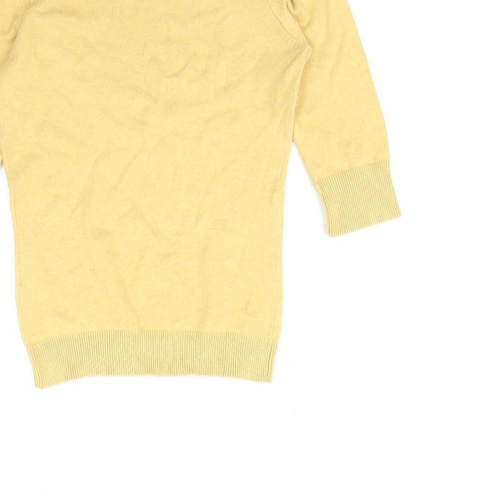 Brand and care label for Miss Selfridge women’s yellow jumper, size UK 8