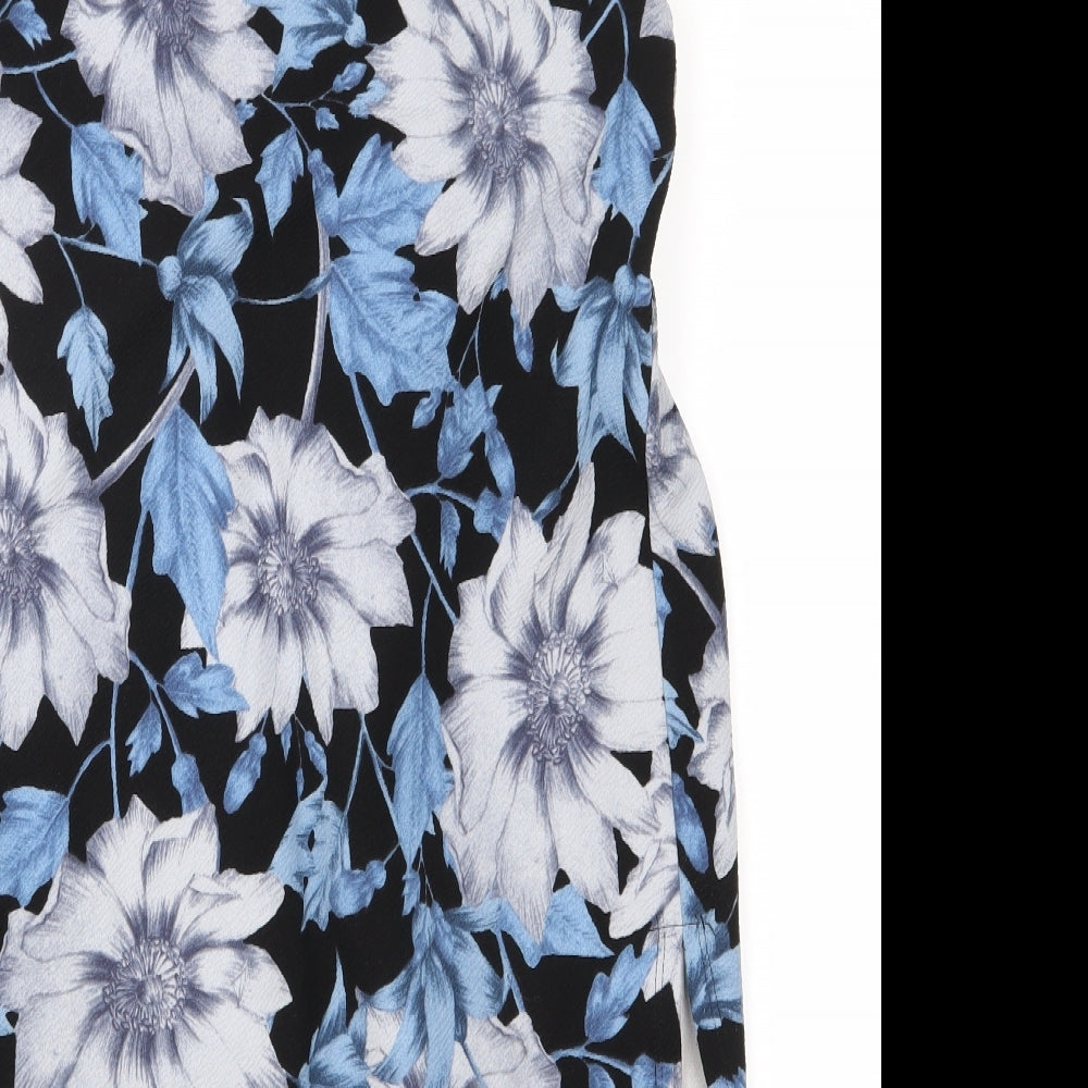 Brand and care label for New Look women’s blue floral cardigan jumper, size UK 10