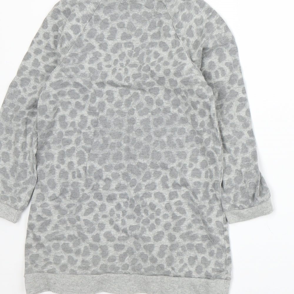 Brand and care label for Emma Runton girls’ grey animal print jersey pullover sweatshirt, size 5-6, years