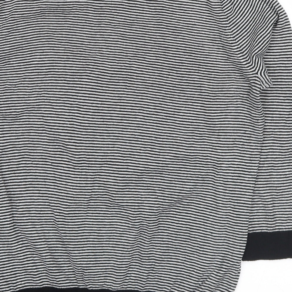Brand and care label for Next women’s black striped jumper, size UK 12