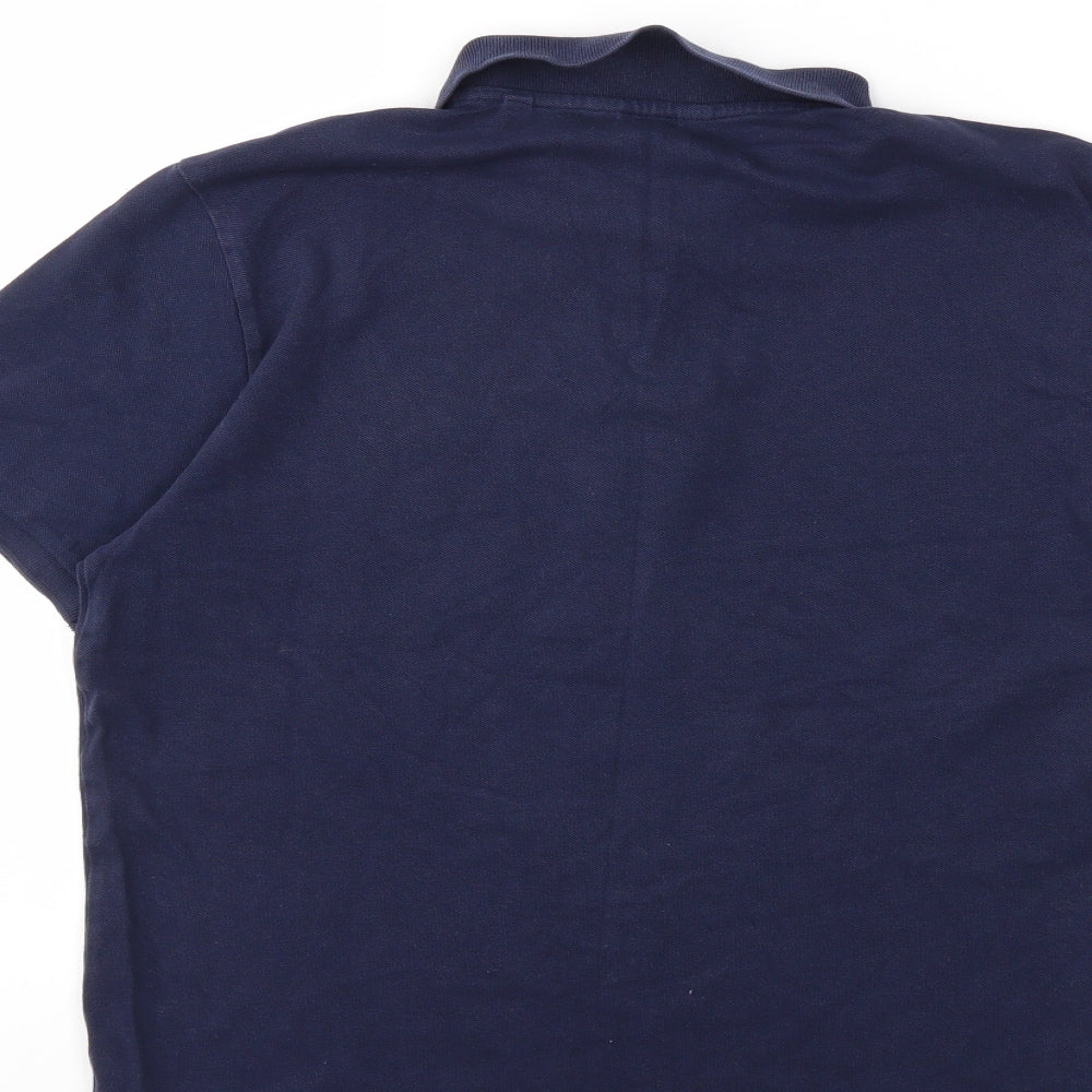 Brand and care label for Next men’s blue polo, size M